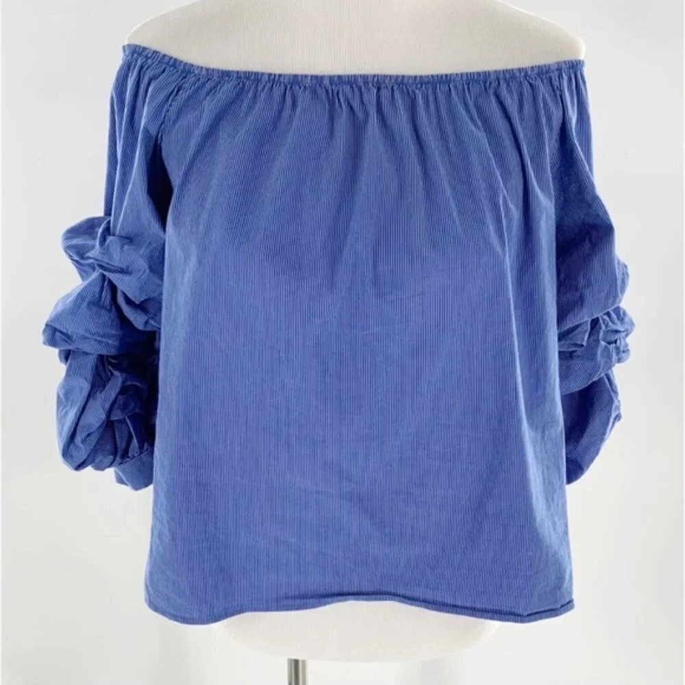 Zara Blue Striped Ruched / Gathered Sleeve Off Shoulder Blouse / Shirt / Top